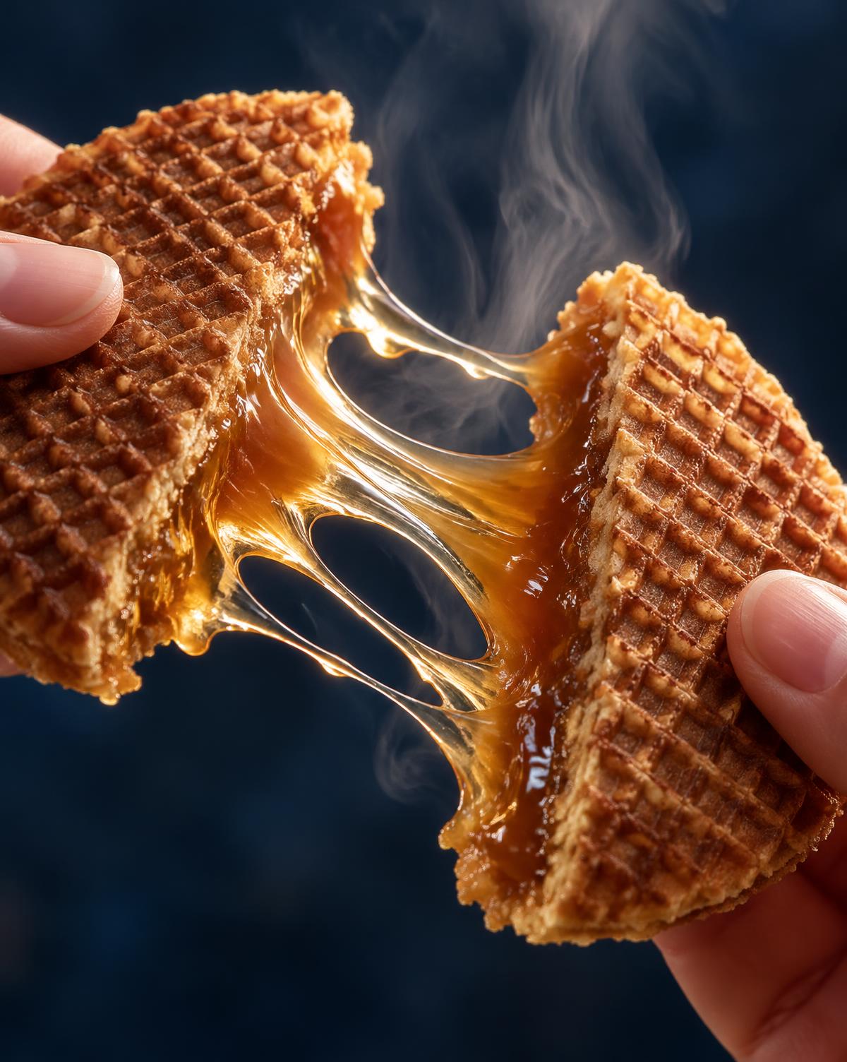 A warm stroopwafel pulled apart, caramel syrup stretching in glossy strands