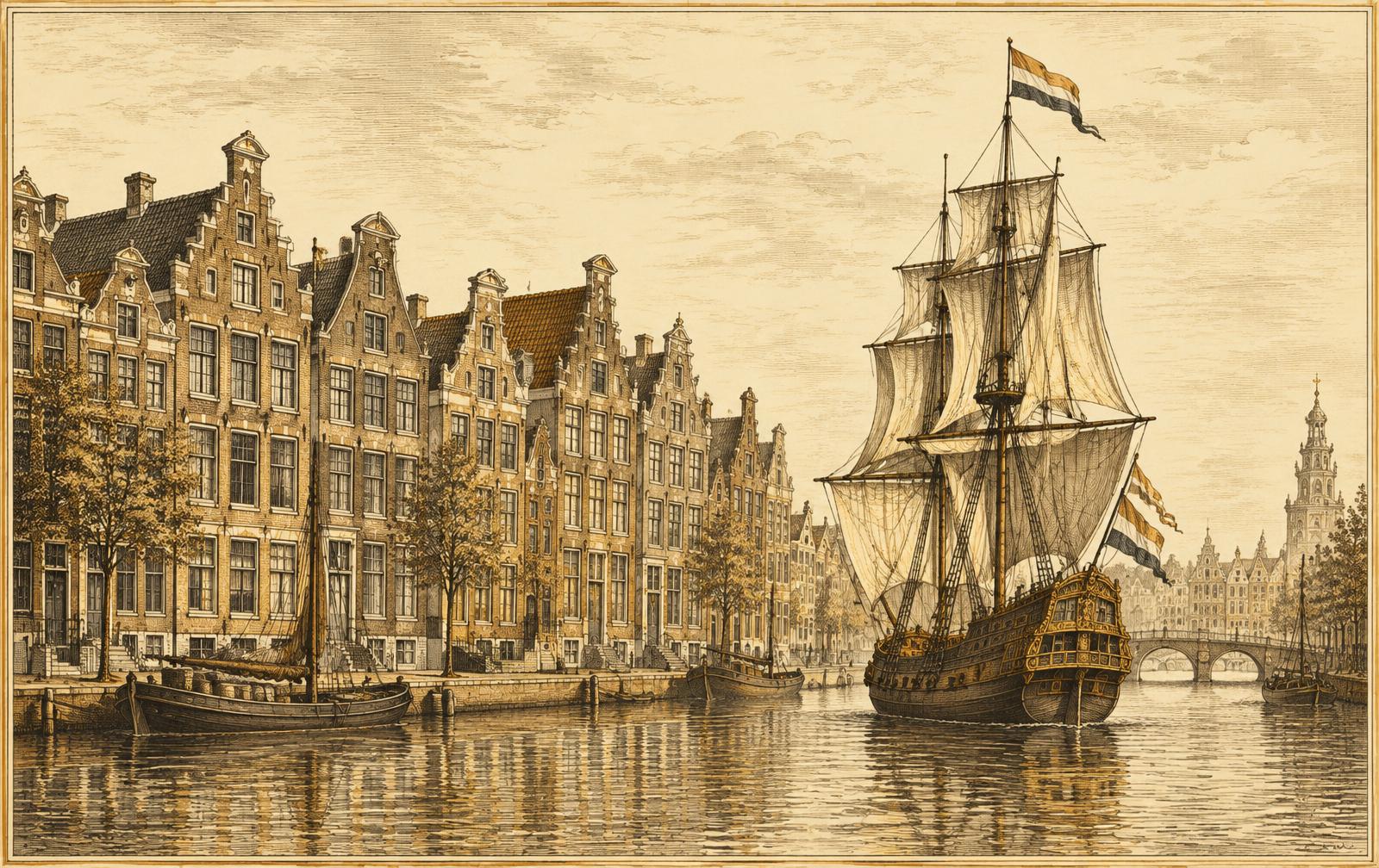 Engraving of 17th-century Amsterdam canal houses and a sailing ship