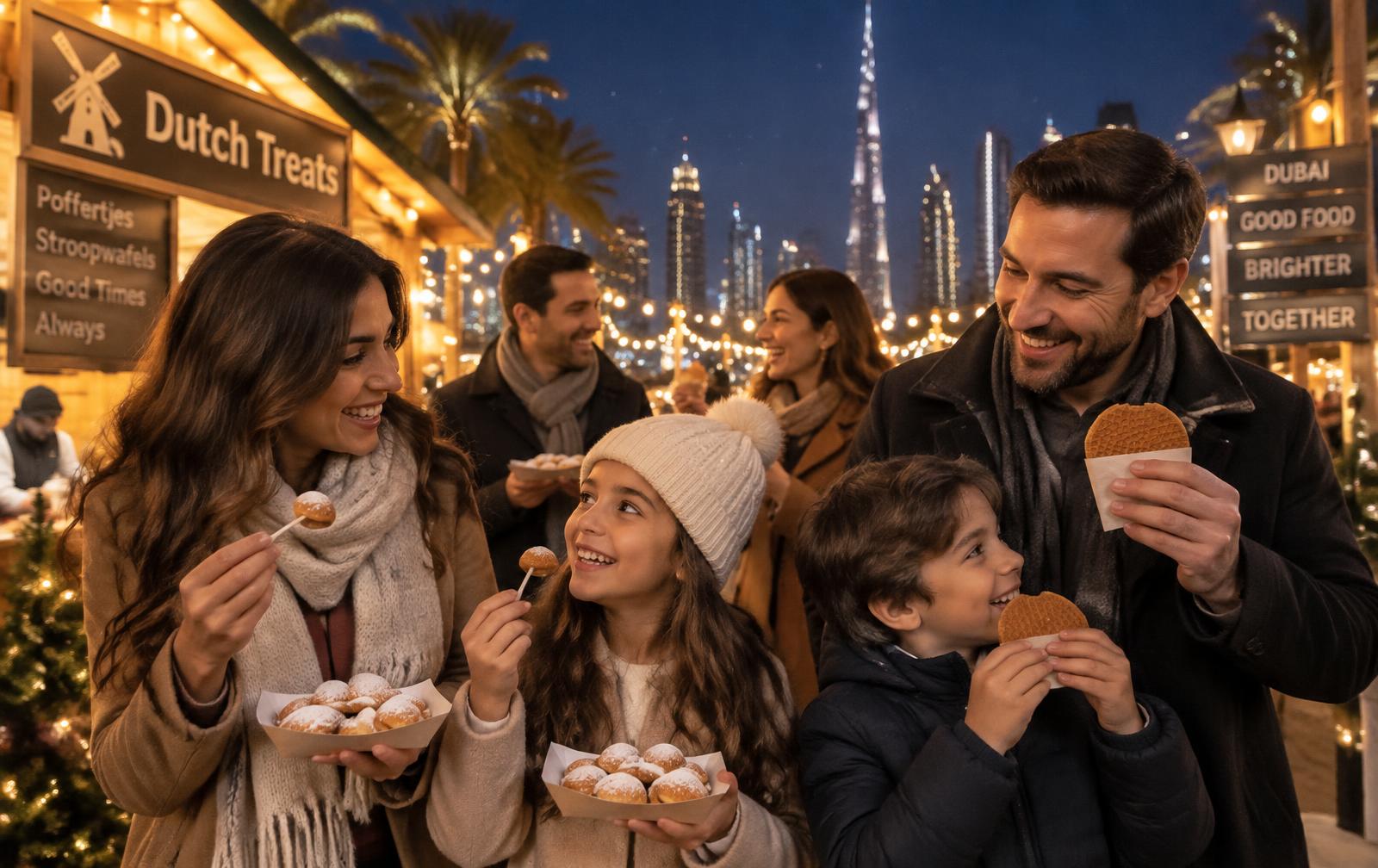 Friends and family sharing poffertjes and stroopwafels on a winter evening in Dubai